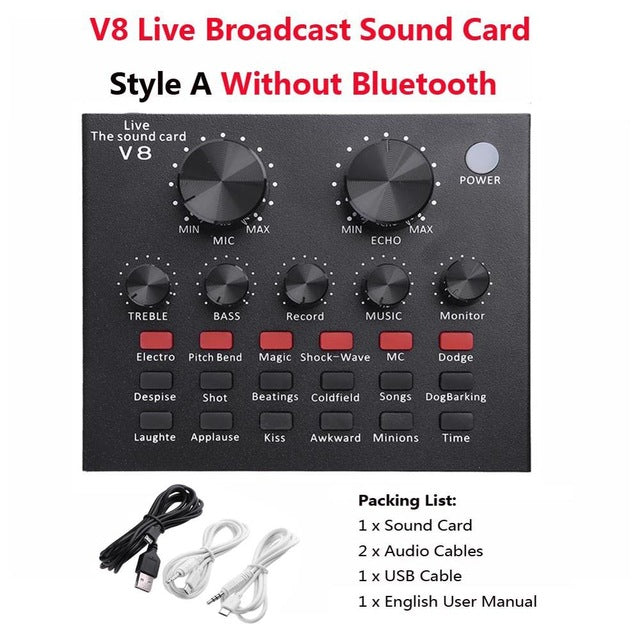 V8 Bluetooth Audio USB Headset Microphone Webcast Live Sound Card 112 kinds of electric sound Broadcast for Phone Computer PC V8 Style A - Tophatter Daily Deals