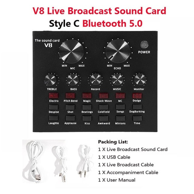 V8 Bluetooth Audio USB Headset Microphone Webcast Live Sound Card 112 kinds of electric sound Broadcast for Phone Computer PC V8 Style C BT5.0 - Tophatter Daily Deals