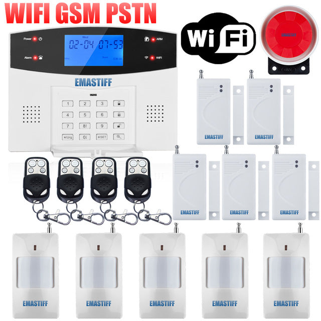 IOS Android APP Wired Wireless Home Security LCD PSTN WIFI GSM Alarm System Intercom Remote Control Autodial Siren Sensor Kit G2BW WIFI Bundle I - Tophatter Daily Deals