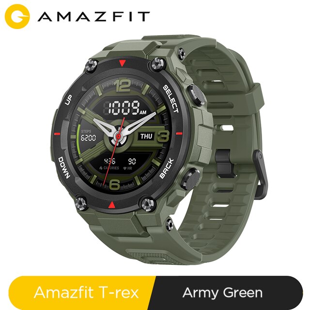New 2020 CES Amazfit T-rex T rex Smartwatch 5ATM 14 Sports Modes Smart Watch GPS/GLONASS MIL-STD for iOS Android phone Army Green - Tophatter Daily Deals