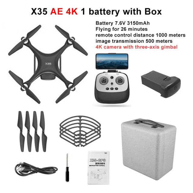 LAUMOX X35 Drone GPS WiFi 4K HD Camera Profissional RC Quadcopter Brushless Motor Drones Gimbal Stabilizer 26 minute flight X35AE 4K 1B Case Box - Tophatter Daily Deals