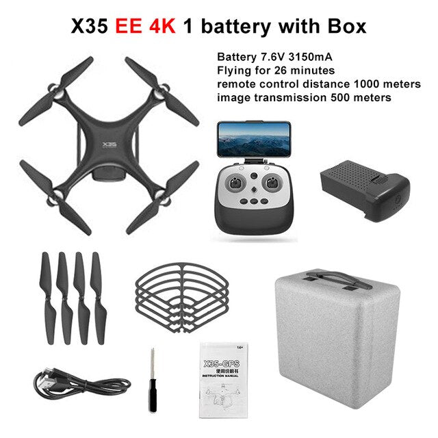 LAUMOX X35 Drone GPS WiFi 4K HD Camera Profissional RC Quadcopter Brushless Motor Drones Gimbal Stabilizer 26 minute flight X35EE 4K 1B Case Box - Tophatter Daily Deals