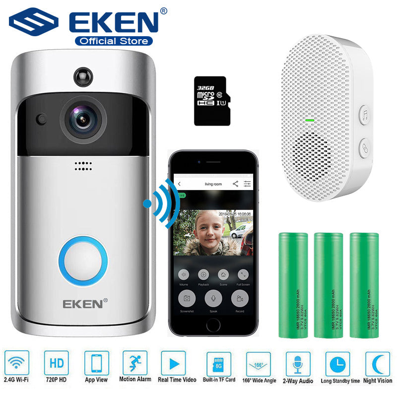 EKEN V5 Video Doorbell Smart Wireless WiFi Security Door Bell Visual Recording Home Monitor Night Vision Intercom door phone - Tophatter Daily Deals