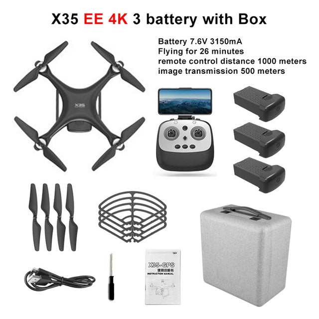 LAUMOX X35 Drone GPS WiFi 4K HD Camera Profissional RC Quadcopter Brushless Motor Drones Gimbal Stabilizer 26 minute flight X35EE 4K 3B Case Box - Tophatter Daily Deals