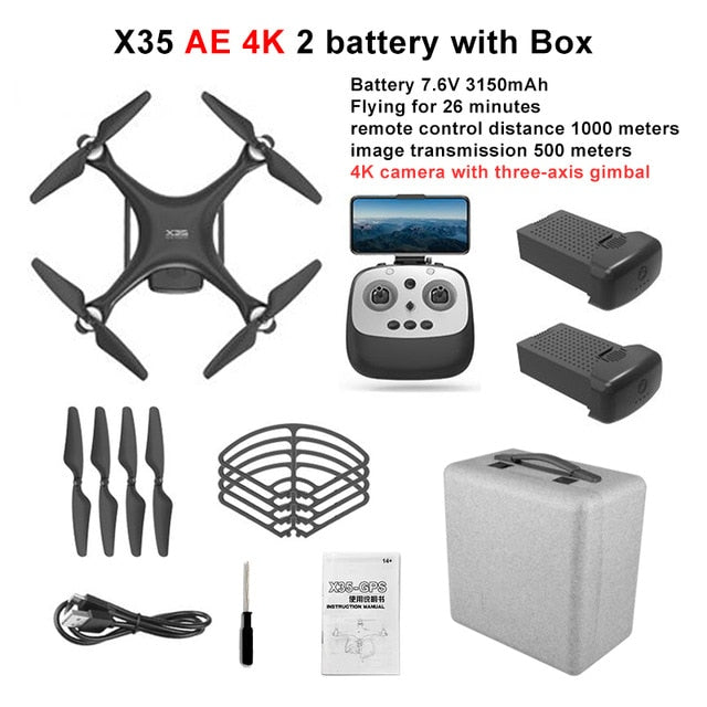 LAUMOX X35 Drone GPS WiFi 4K HD Camera Profissional RC Quadcopter Brushless Motor Drones Gimbal Stabilizer 26 minute flight X35AE 4K 2B Case Box - Tophatter Daily Deals
