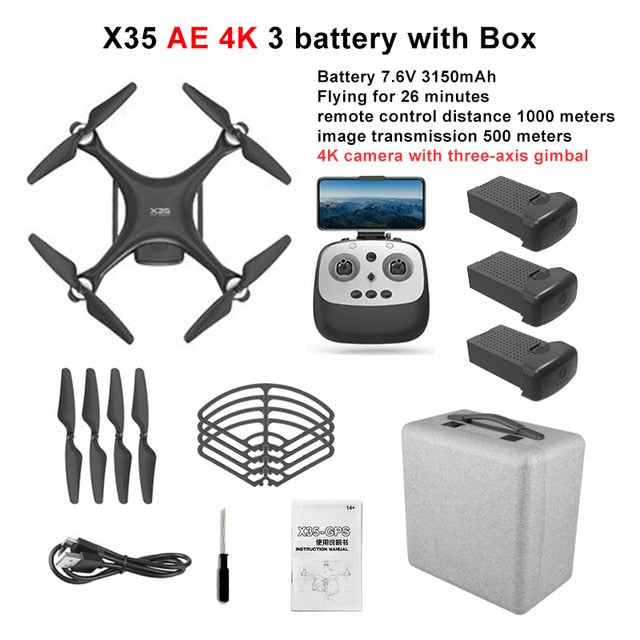 LAUMOX X35 Drone GPS WiFi 4K HD Camera Profissional RC Quadcopter Brushless Motor Drones Gimbal Stabilizer 26 minute flight X35AE 4K 3B Case Box - Tophatter Daily Deals
