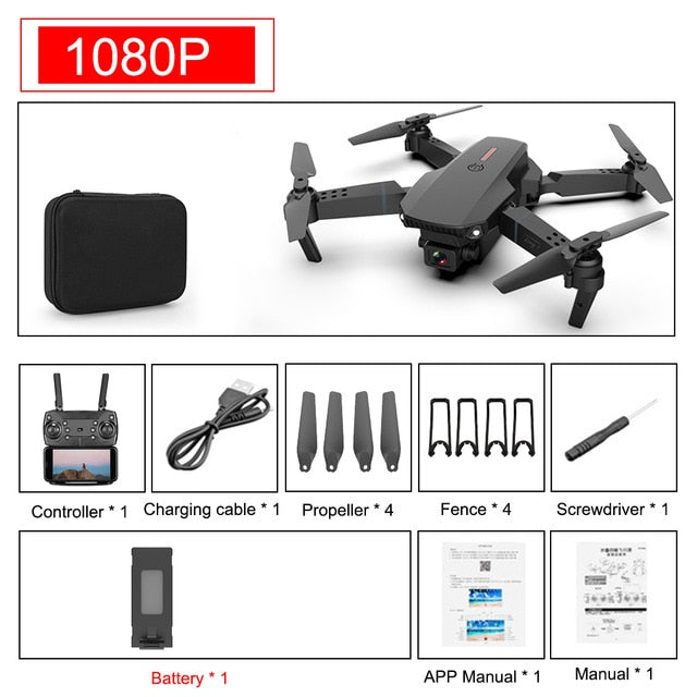 SHAREFUNBAY E88 pro drone 4k HD dual camera visual positioning 1080P WiFi fpv drone height preservation rc quadcopter 1080P 1B - Tophatter Daily Deals