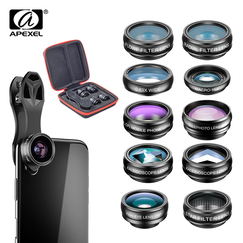APEXEL 10 in 1 Phone camera Lens Kit Fisheye Wide Angle macro Lens CPL Filter Kaleidoscope and 2X telescope Lens for smartphone - Tophatter Daily Deals