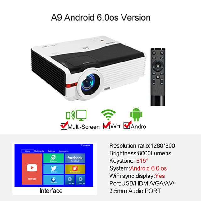 Caiwei A9/A9AB Smart Android 6.0 WiFi LED 1080p Projector Home Cinema 6500 Lumens Full HD Video Mobile Beamer For Smartphone TV A9 Android Version - Tophatter Daily Deals