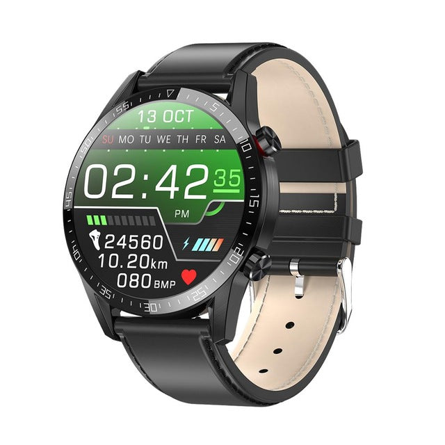 New L13 Smart Watch Men IP68 Waterproof ECG PPG Bluetooth Call Blood Pressure Heart Rate Fitness Tracker sports Smartwatch Black leather - Tophatter Daily Deals