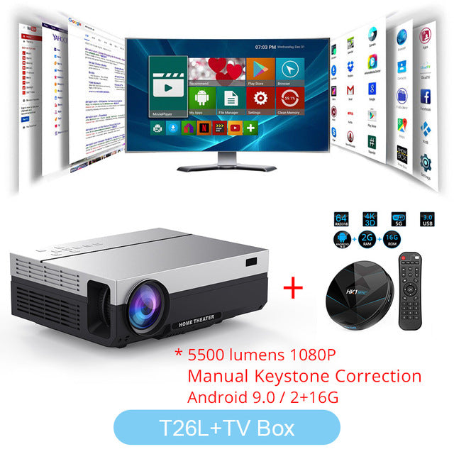 Touyinger T26L T26K 1080p LED full HD Projector Video beamer 5500 Lumen FHD 3D Home cinema HDMI ( Android 9.0 wifi AC3 optional) T26L TV Box - Tophatter Daily Deals
