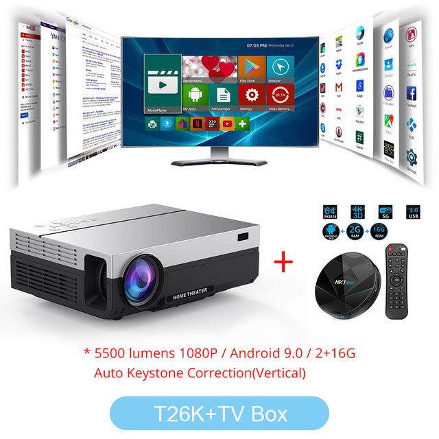 Touyinger T26L T26K 1080p LED full HD Projector Video beamer 5500 Lumen FHD 3D Home cinema HDMI ( Android 9.0 wifi AC3 optional) T26K TV Box - Tophatter Daily Deals