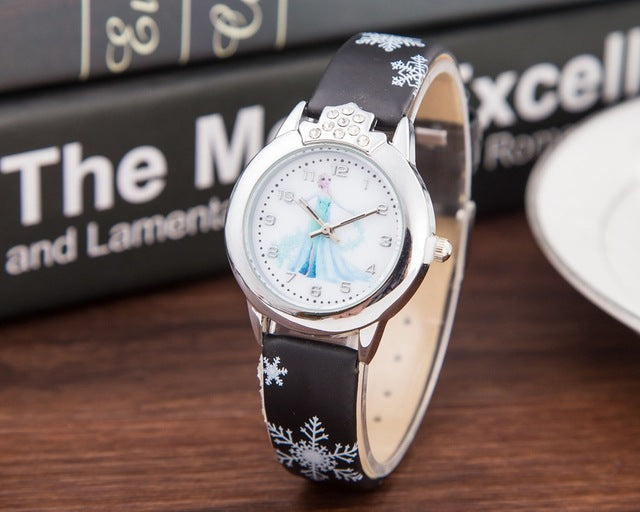 Elsa Watch Girls Elsa Princess Kids Watches Leather Strap Cute Children's Cartoon Wristwatches Gifts for Kids Girl black - Tophatter Daily Deals