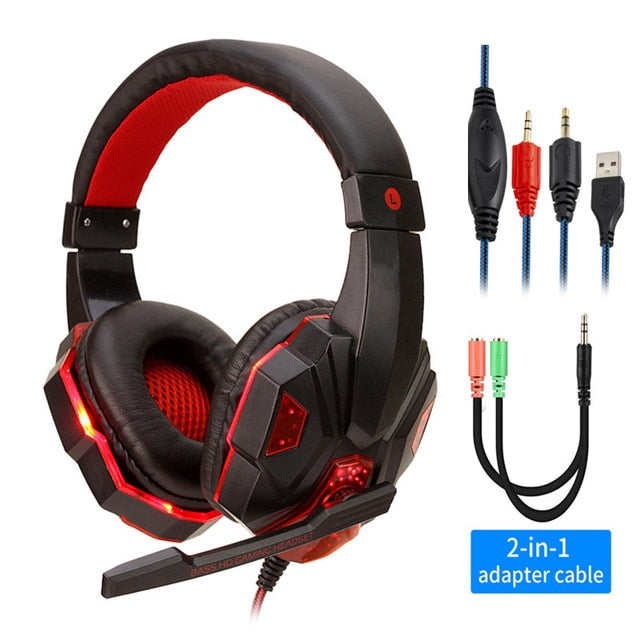 Professional Led Light Gaming Headphones for Computer PS4 Adjustable Bass Stereo PC Gamer Over Ear Wired Headset With Mic Gifts BlackRed with Light - Tophatter Daily Deals