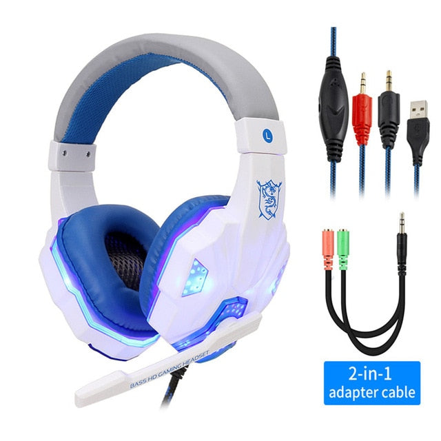 Professional Led Light Gaming Headphones for Computer PS4 Adjustable Bass Stereo PC Gamer Over Ear Wired Headset With Mic Gifts WhiteBlue with Light - Tophatter Daily Deals