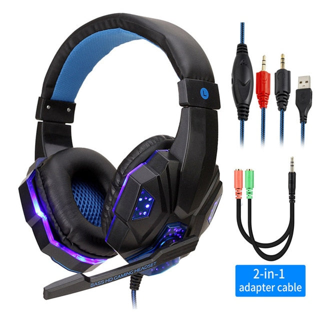 Professional Led Light Gaming Headphones for Computer PS4 Adjustable Bass Stereo PC Gamer Over Ear Wired Headset With Mic Gifts BlackBlue with Light - Tophatter Daily Deals