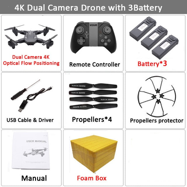Visuo XS816 RC Drone with 50 Times Zoom WiFi FPV 4K Dual Camera Optical Flow Quadcopter Foldable Selfie Dron VS SG106 M70 Set12 4K 3BAT FB - Tophatter Daily Deals