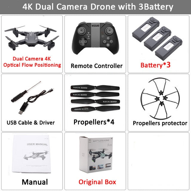 Visuo XS816 RC Drone with 50 Times Zoom WiFi FPV 4K Dual Camera Optical Flow Quadcopter Foldable Selfie Dron VS SG106 M70 Set15 4K 3BAT BX - Tophatter Daily Deals