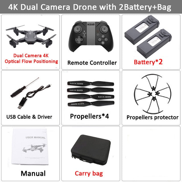 Visuo XS816 RC Drone with 50 Times Zoom WiFi FPV 4K Dual Camera Optical Flow Quadcopter Foldable Selfie Dron VS SG106 M70 Set17 4K 2BAT CB - Tophatter Daily Deals