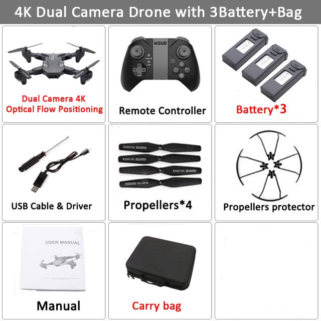 Visuo XS816 RC Drone with 50 Times Zoom WiFi FPV 4K Dual Camera Optical Flow Quadcopter Foldable Selfie Dron VS SG106 M70 Set18 4K 3BAT CB - Tophatter Daily Deals