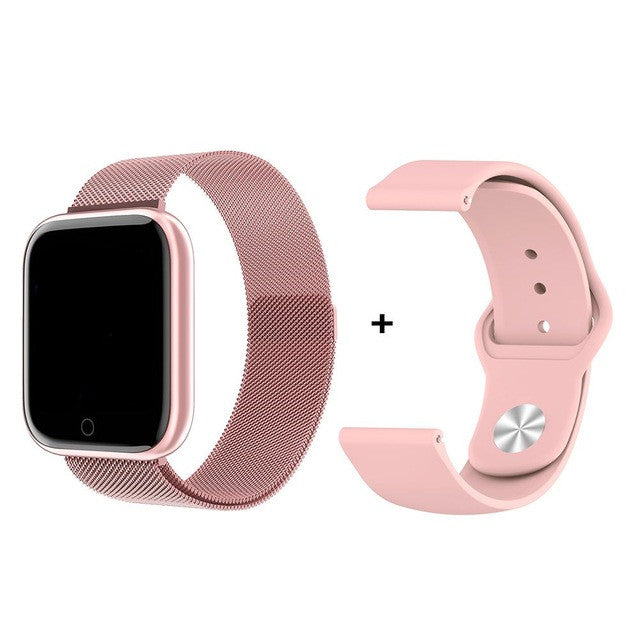 2020 Steel Smart Watch men Heart Rate Blood Pressure Waterproof Sports Women Smartwatch Fitness Tracker For IOS Android iPhone Pink metal strap - Tophatter Daily Deals