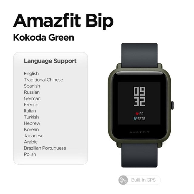 Built in GPS Amazfit Bip Smart Watch Multi Language Smartwatch Watchs Always On Display 45 Days Battery for Android Phone IOS Kokoda Green - Tophatter Daily Deals