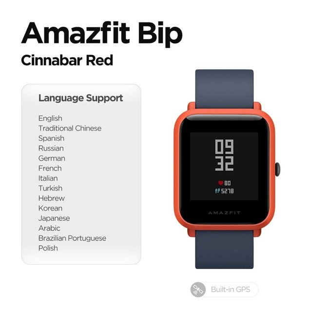 Built in GPS Amazfit Bip Smart Watch Multi Language Smartwatch Watchs Always On Display 45 Days Battery for Android Phone IOS Cinnbar Red - Tophatter Daily Deals