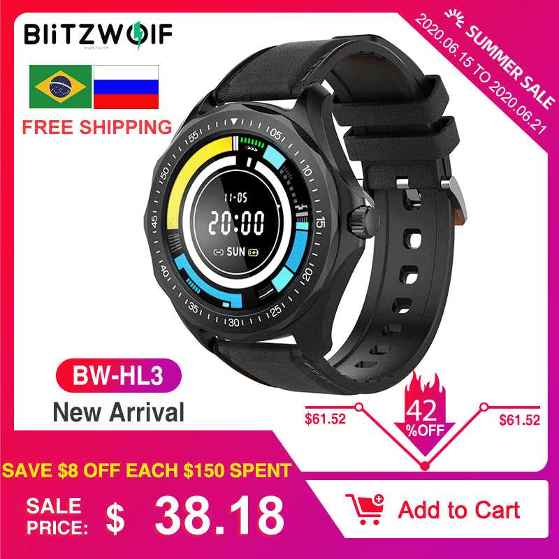 BlitzWolf BW-HL3 Full-touch Screen Heart Rate Blood Pressure Monitor GPS Runing Track Bluetooth Smart Watch For Android IOS - Tophatter Daily Deals
