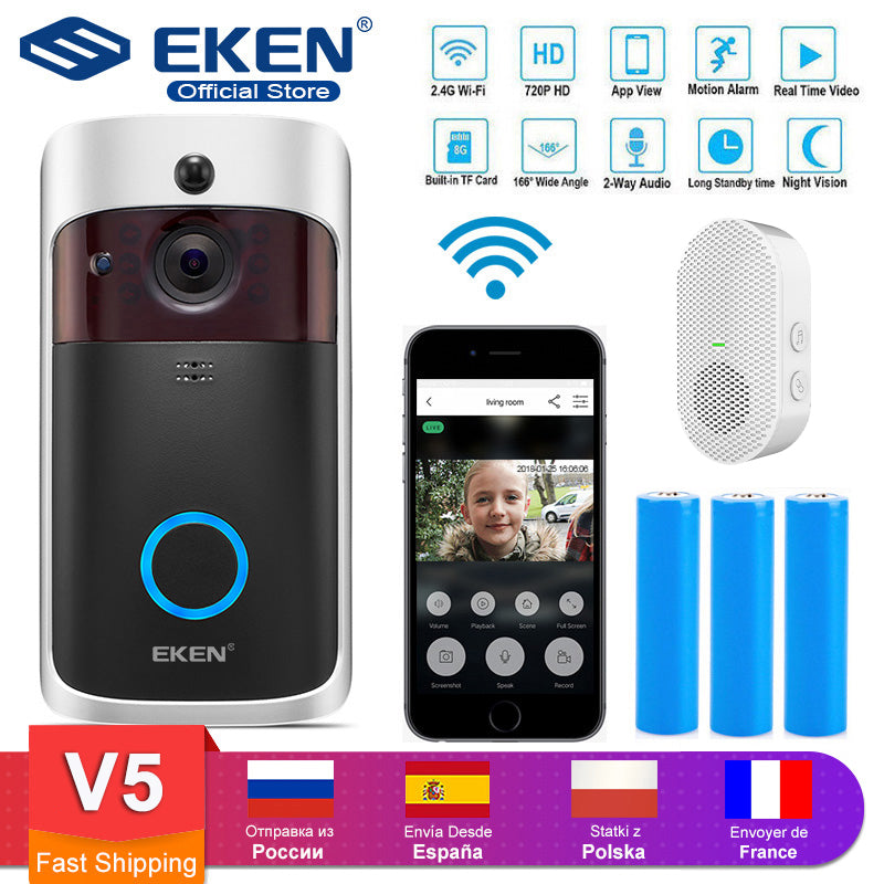 Smart IP Video Intercom WIFI Video Door Phone Door Bell WIFI Doorbell Camera IR Alarm Wireless Security Camera EKEN V5 - Tophatter Daily Deals