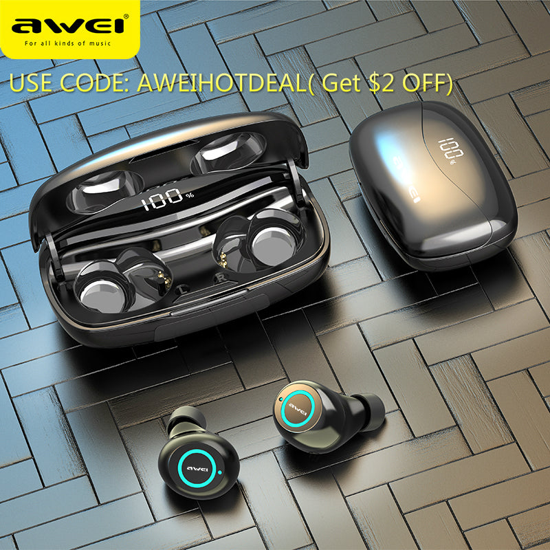 AWEI T19 TWS 5.0 2500mAh LED Display Super Bass Stereo Earbuds Noise Cancelling Waterproof IPX5 With Dual Mic For Gaming,Sport - Tophatter Daily Deals