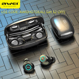 AWEI T19 TWS 5.0 2500mAh LED Display Super Bass Stereo Earbuds Noise Cancelling Waterproof IPX5 With Dual Mic For Gaming,Sport - Tophatter Daily Deals