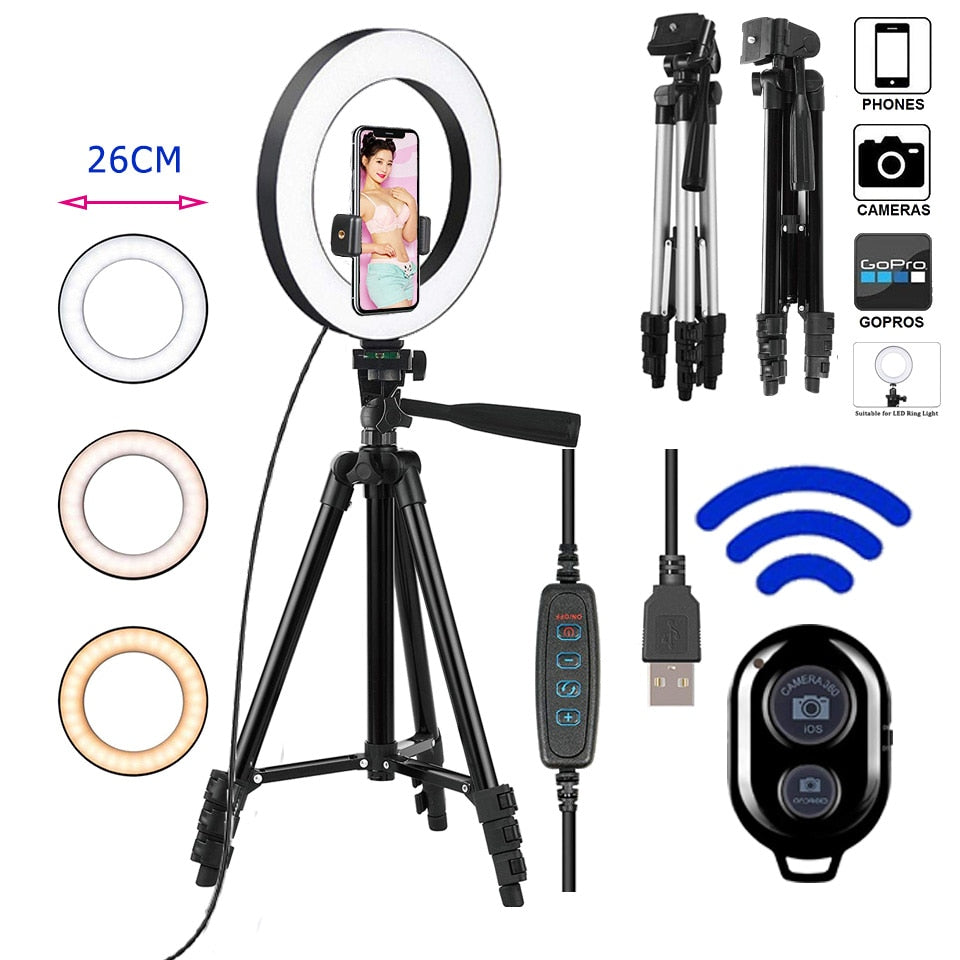26cm Photo Ringlight Led Selfie Ring Light Phone Bluetooth Remote Lamp Photography Lighting Tripod Holder Youtube Video - Tophatter Daily Deals
