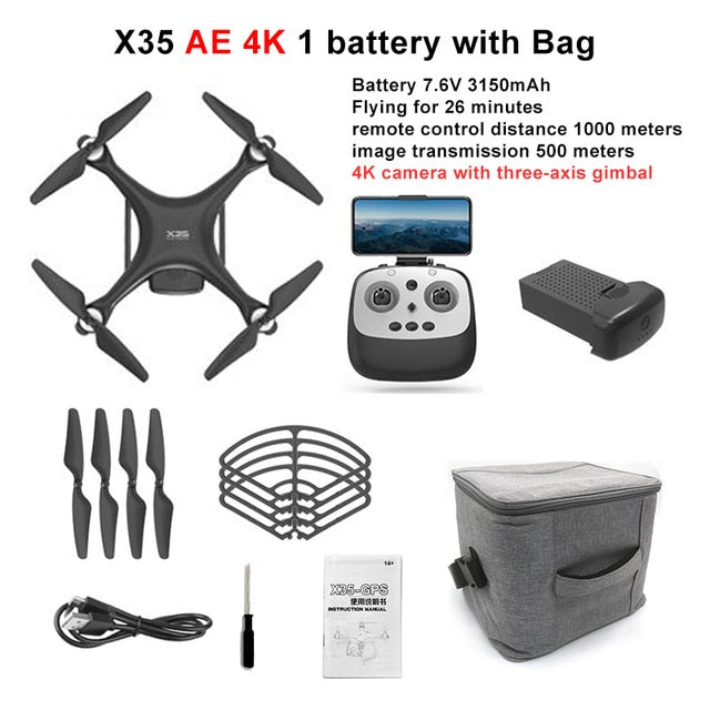 LAUMOX X35 Drone GPS WiFi 4K HD Camera Profissional RC Quadcopter Brushless Motor Drones Gimbal Stabilizer 26 minute flight X35AE 4K 1B Bag - Tophatter Daily Deals