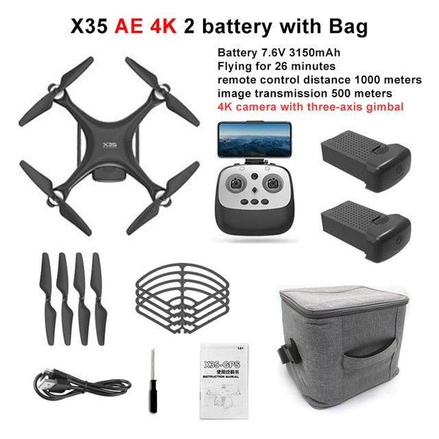 LAUMOX X35 Drone GPS WiFi 4K HD Camera Profissional RC Quadcopter Brushless Motor Drones Gimbal Stabilizer 26 minute flight X35AE 4K 2B Bag - Tophatter Daily Deals