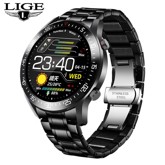 LIGE 2020 fashion Full circle touch screen Mens Smart Watches IP68 Waterproof Sports Fitness Watch Luxury Smart Watch for men Black S - Tophatter Daily Deals