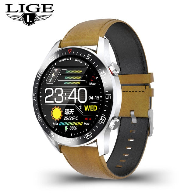 LIGE 2020 fashion Full circle touch screen Mens Smart Watches IP68 Waterproof Sports Fitness Watch Luxury Smart Watch for men brown - Tophatter Daily Deals