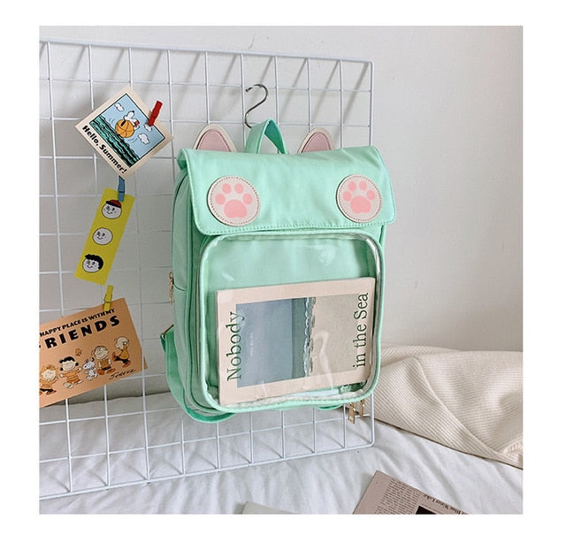 Transparent Window Backpack Bag Rucksack Cat Paws Kawaii Japanese Green Animals - Tophatter Daily Deals