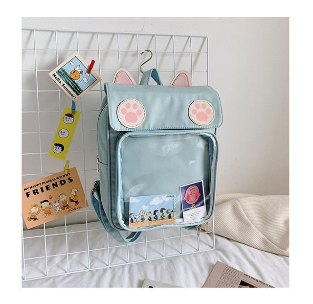 Transparent Window Backpack Bag Rucksack Cat Paws Kawaii Japanese Blue Animals - Tophatter Daily Deals