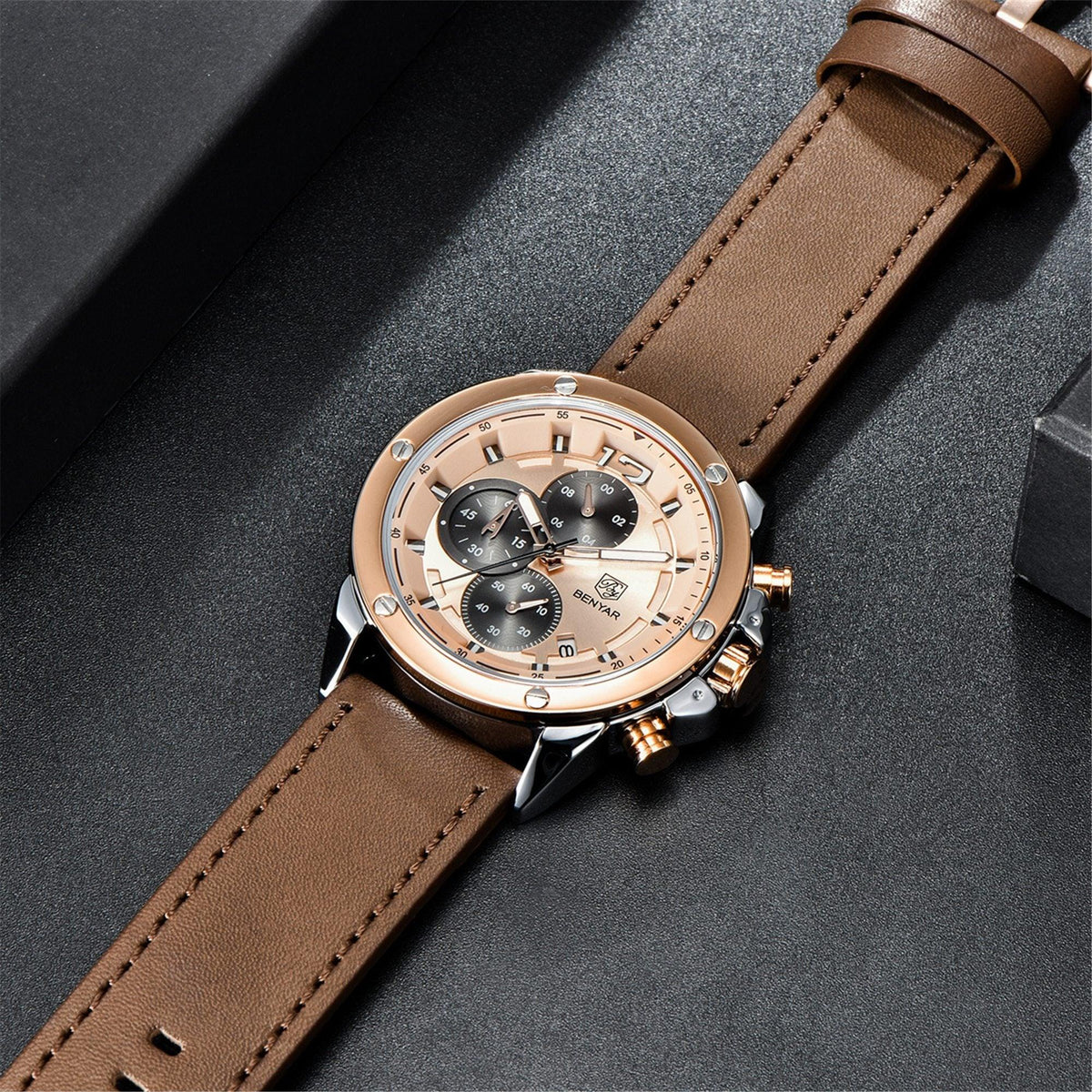 Multifunction Brown Luxury New Men's Watches Quartz Sport Chronograph Elegant Leather Bracelet Men Wrist Watch Watches - Tophatter Daily Deals