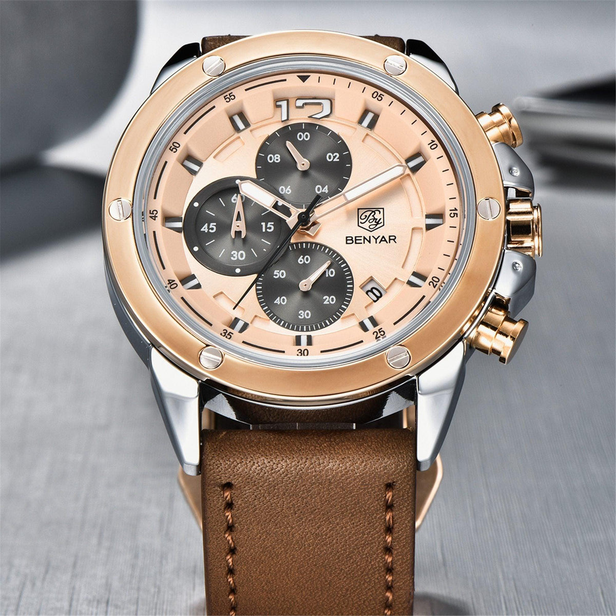 Multifunction Brown Luxury New Men's Watches Quartz Sport Chronograph Elegant Leather Bracelet Men Wrist Watch Watches - Tophatter Daily Deals