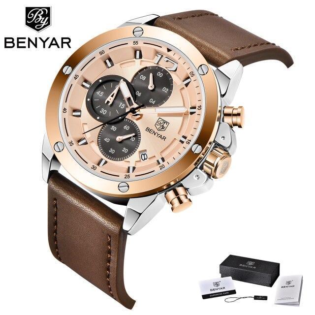 Multifunction Brown Luxury New Men's Watches Quartz Sport Chronograph Elegant Leather Bracelet Men Wrist Watch Gold Watches - Tophatter Daily Deals
