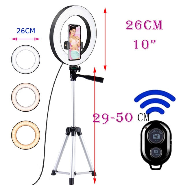26cm Photo Ringlight Led Selfie Ring Light Phone Bluetooth Remote Lamp Photography Lighting Tripod Holder Youtube Video 50CM-selver - Tophatter Daily Deals