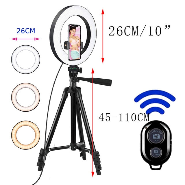 26cm Photo Ringlight Led Selfie Ring Light Phone Bluetooth Remote Lamp Photography Lighting Tripod Holder Youtube Video 102Cm-black - Tophatter Daily Deals