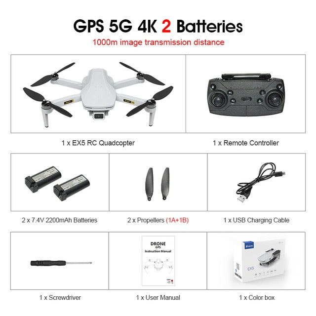 Eachine EX5 Drone 229g RC Quadcopter 4K GPS HD Mini Camera Profesional With 5G WIFI 1000 METERS Distance FPV Drone Protable Dron 1000m 2Batteries Box - Tophatter Daily Deals