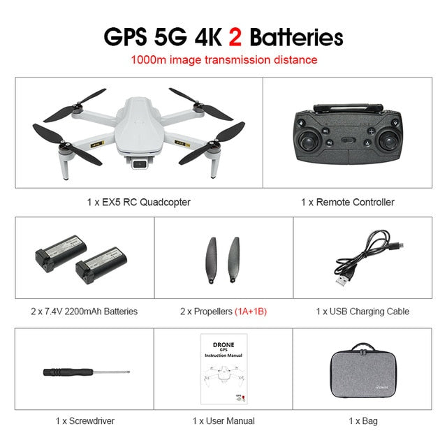 Eachine EX5 Drone 229g RC Quadcopter 4K GPS HD Mini Camera Profesional With 5G WIFI 1000 METERS Distance FPV Drone Protable Dron 1000m 2Batteries Bag - Tophatter Daily Deals