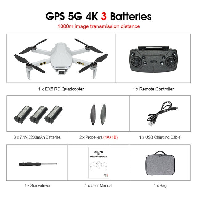 Eachine EX5 Drone 229g RC Quadcopter 4K GPS HD Mini Camera Profesional With 5G WIFI 1000 METERS Distance FPV Drone Protable Dron 1000m 3Batteries Bag - Tophatter Daily Deals