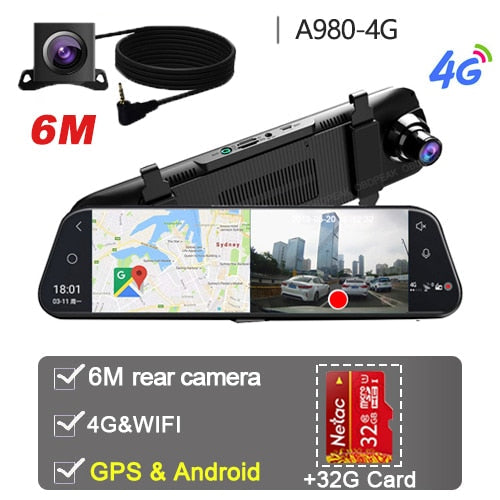 Dual 1080P 4G Android 8.1 10 Inch Stream Media Car Rearview Mirror Bluetooth Camera Car Dvr ADAS Super Night WiFi GPS Dash Cam A980 6M With 32G - Tophatter Daily Deals