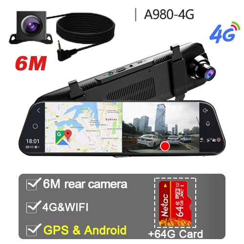 Dual 1080P 4G Android 8.1 10 Inch Stream Media Car Rearview Mirror Bluetooth Camera Car Dvr ADAS Super Night WiFi GPS Dash Cam A980 6M With 64G - Tophatter Daily Deals
