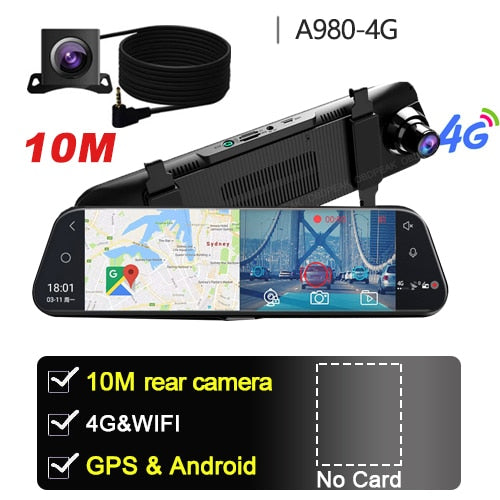 Dual 1080P 4G Android 8.1 10 Inch Stream Media Car Rearview Mirror Bluetooth Camera Car Dvr ADAS Super Night WiFi GPS Dash Cam A980 10M NO Card - Tophatter Daily Deals