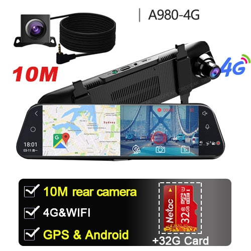 Dual 1080P 4G Android 8.1 10 Inch Stream Media Car Rearview Mirror Bluetooth Camera Car Dvr ADAS Super Night WiFi GPS Dash Cam A980 10M With 32G - Tophatter Daily Deals